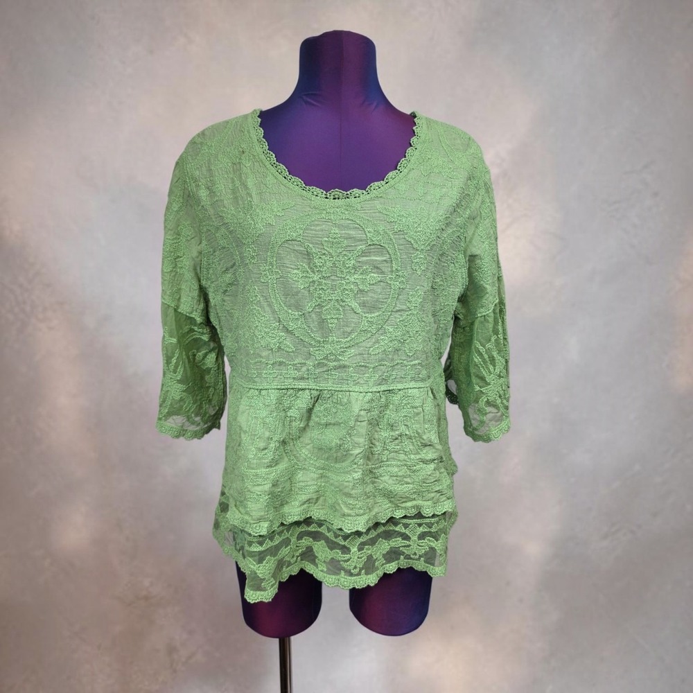 Democracy Women Petite Sage Green Embroidered Lace Peplum Blouse PL Boho Top